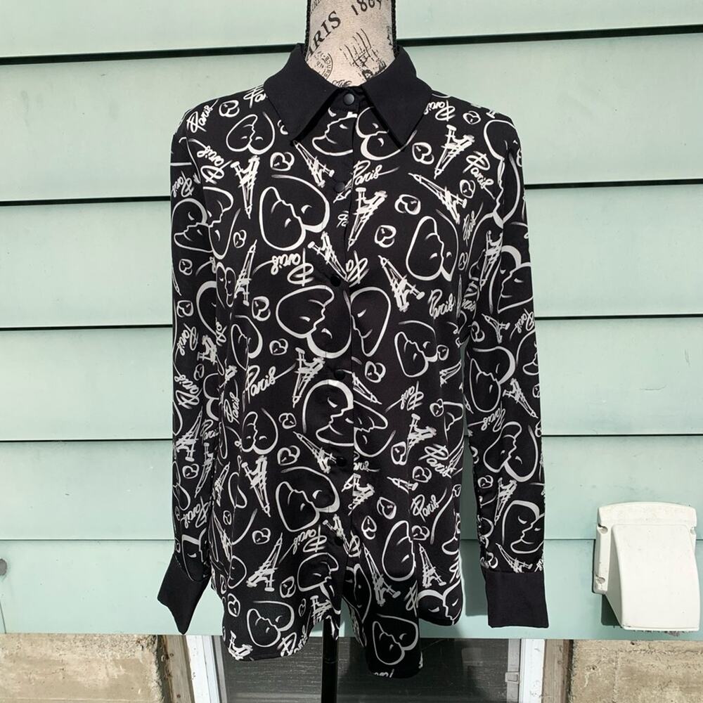 Catherine Malandrino Black & white heart button up collared long sleeve blouse
